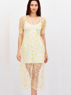 Never Fully Dressed White Sheer Dress with Yellow Floral Dots